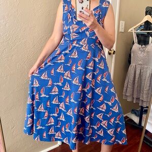 Karina Easy Dress Ruby Sail Away Blue Boat Print V-Neck Sz Medium